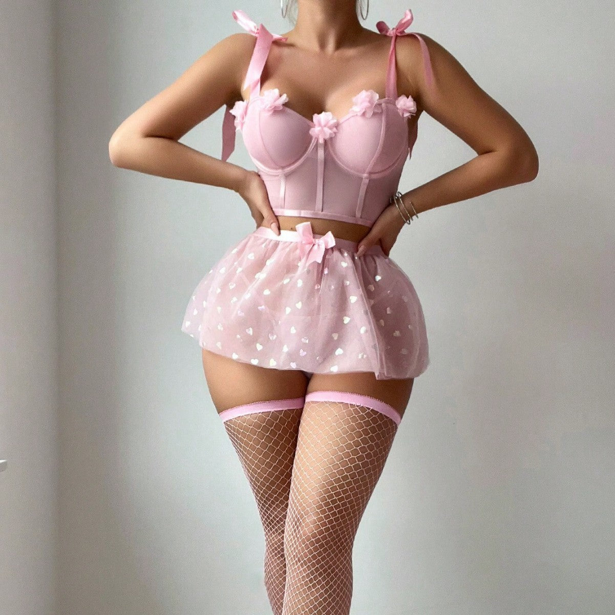 Sexy 3D Flower Bow Tie Sequin Mesh Skirt Lingerie Set