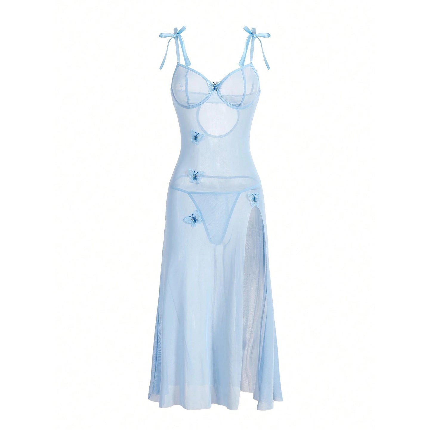 Sexy Sheer Mesh Tempting Lace Backless High Slit Light Blue Lingerie Strap Dress