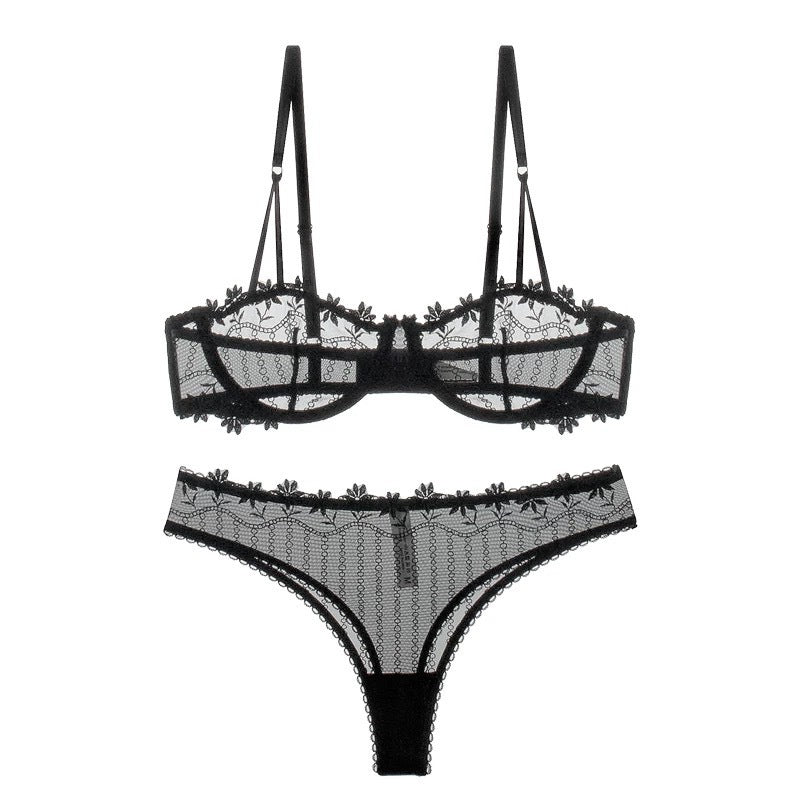 Sexy Underwear Ultra-thin Transparent Half Cup Embroidered Lace Bra Large Chest Minimizer Plus Size Lingerie Set