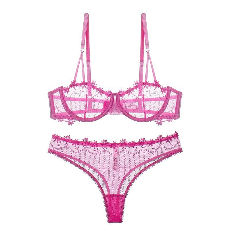 Sexy Underwear Ultra-thin Transparent Half Cup Embroidered Lace Bra Large Chest Minimizer Plus Size Lingerie Set