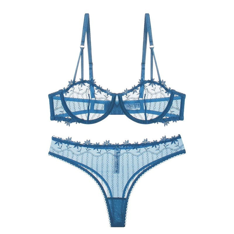 Sexy Underwear Ultra-thin Transparent Half Cup Embroidered Lace Bra Large Chest Minimizer Plus Size Lingerie Set