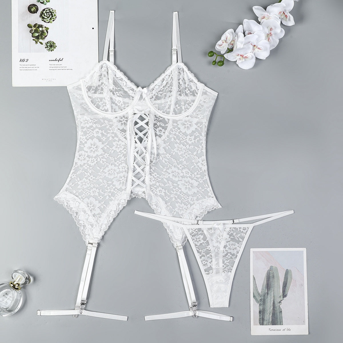 Sexy Lingerie Lace Jacquard Transparent Strap Tied Cross Sling Two-Piece Underwear Set
