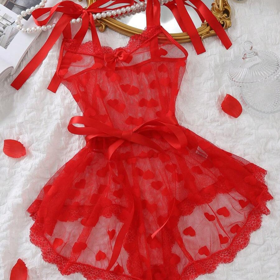 Sexy Mesh Transparent Heart-Shaped Lace-Up One-Piece Lingerie Set