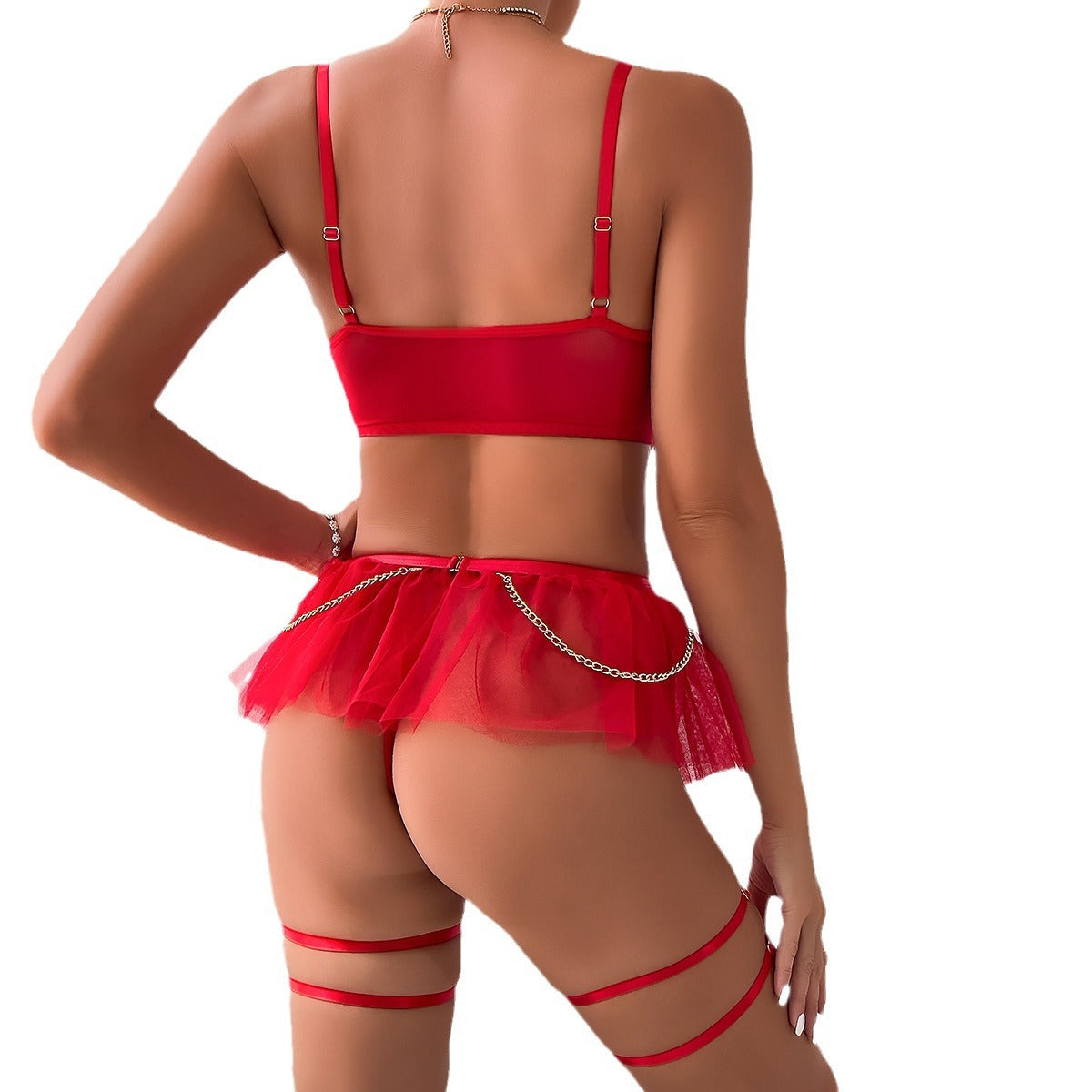 Cross-border Foreign Trade Lingerie Red Lace Metal Chain Transparent Mesh Fluffy Mini Skirt Four-piece Set