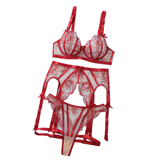 Embroidered thin steel holder gathers new floral sexy mesh lingerie set