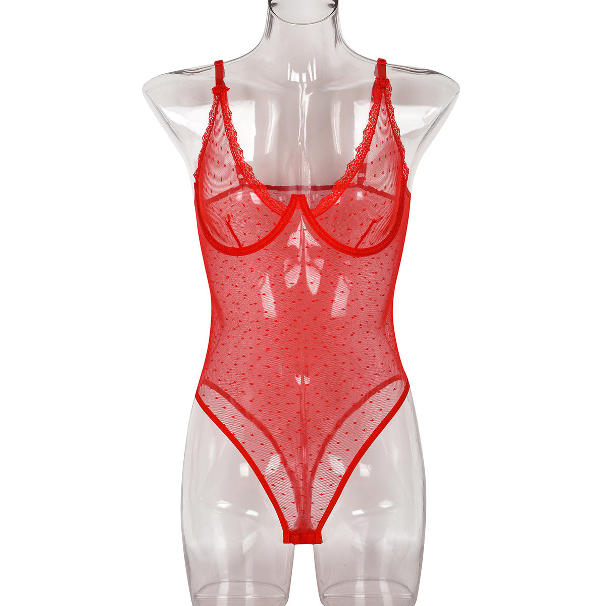 Sexy Lingerie Underwear Women Summer European and American Polka Dot Mesh Transparent Comfortable Red Bodysuit