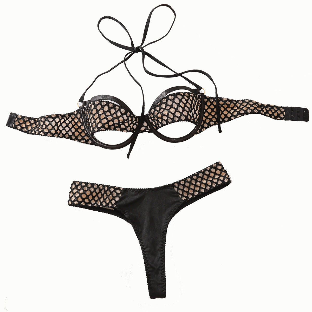 Three point grid split body shaping and neck hanging sexy lingerie set
