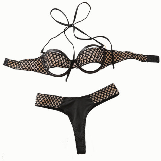 Three point grid split body shaping and neck hanging sexy lingerie set