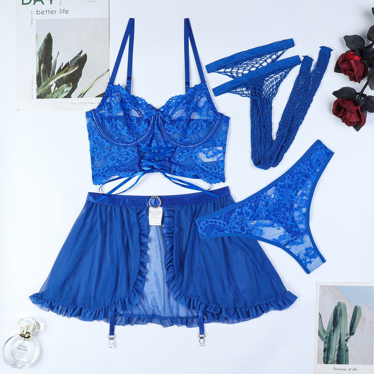Lace Trimmed Blue Cross-Strap Sexy Halter Women's Lingerie Four-Piece Set