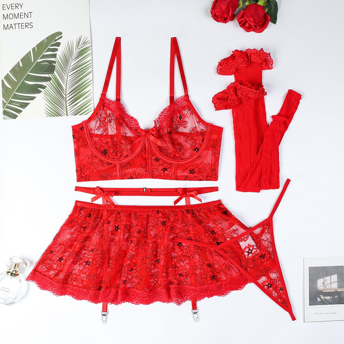 Muse New European and American Style Sexy Lingerie Red Lace Transparent Four-Piece Set Festival Dress for Women