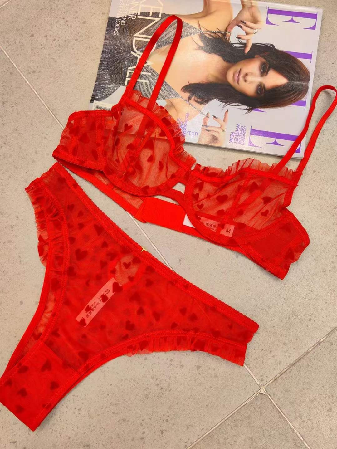 Sexy Lingerie Lace Underwear Ultra-thin Transparent Heart-shaped Print Women's Underwear Set Large Chest Minimizer Bra