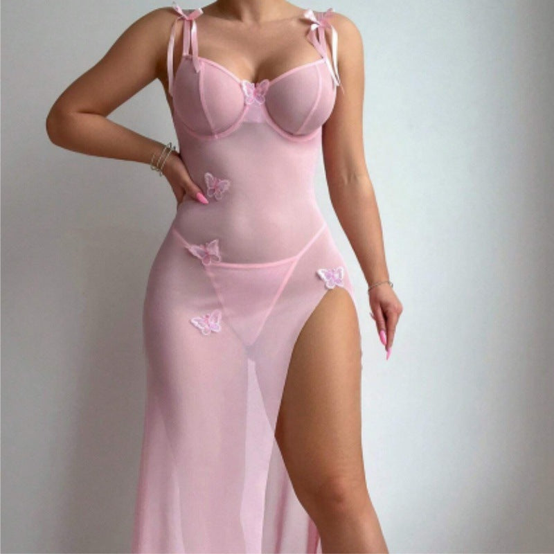Sexy Sheer Mesh Tempting Lace Backless High Slit Light Blue Lingerie Strap Dress