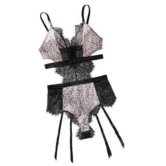 Lace patchwork leopard print fabric low cut without steel ring sexy lingerie for women